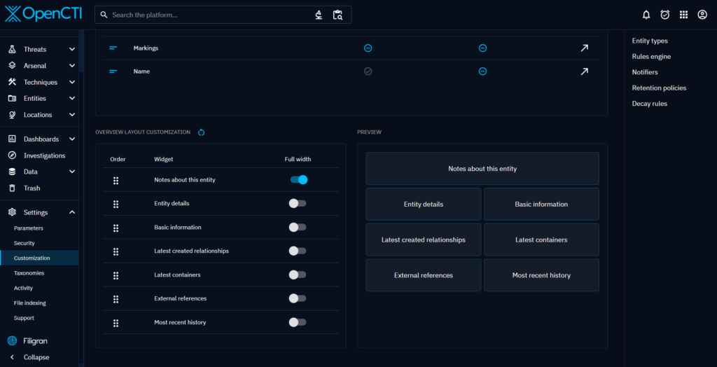 The custom overview layout configuration screen, for each entity type