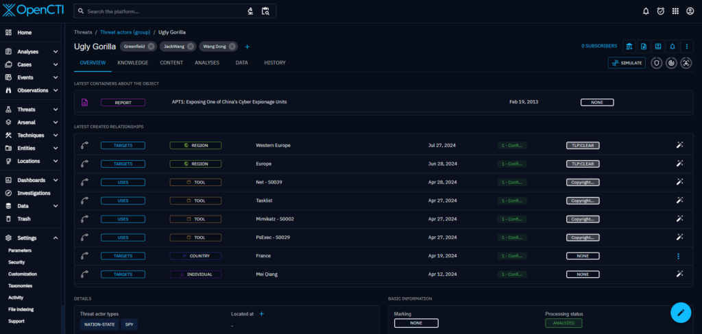 Showing the latest reports and relationships on top of the Threat Actor Group details screen