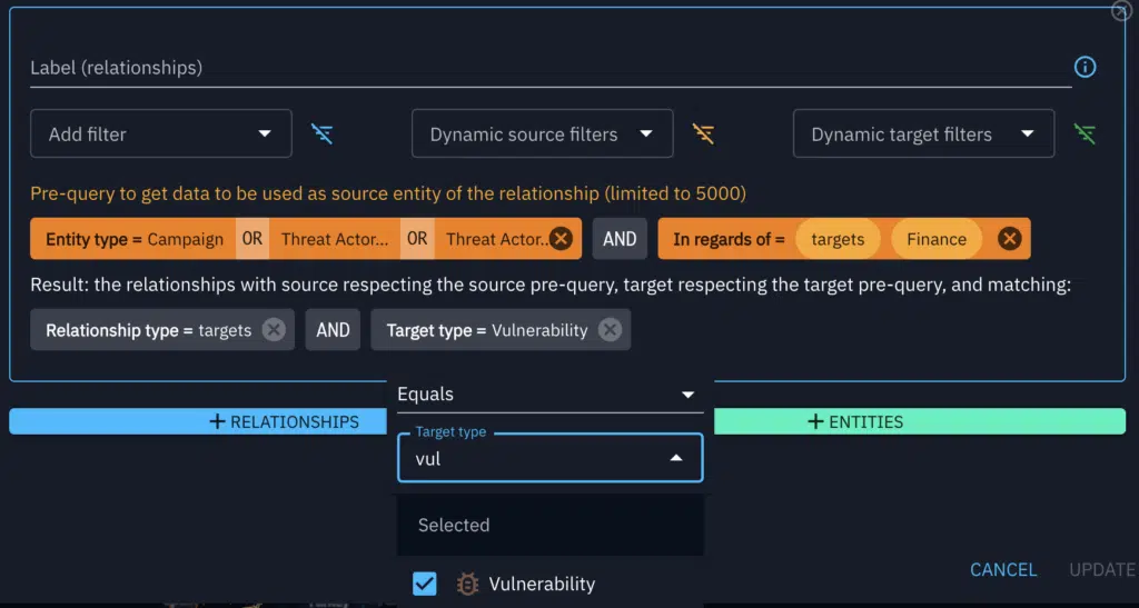 Knowledge graph filter identical to the one above, but displaying Vulnerabilities for those actors rather than TTPs