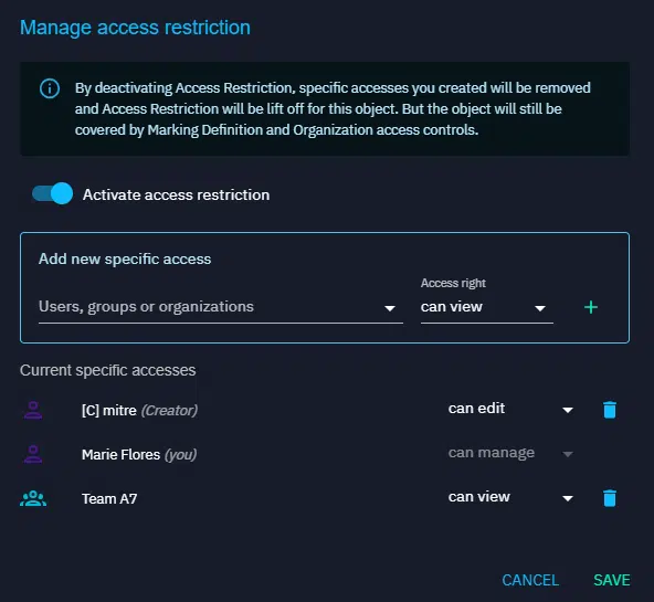 Manage access restriction configuration pop up.