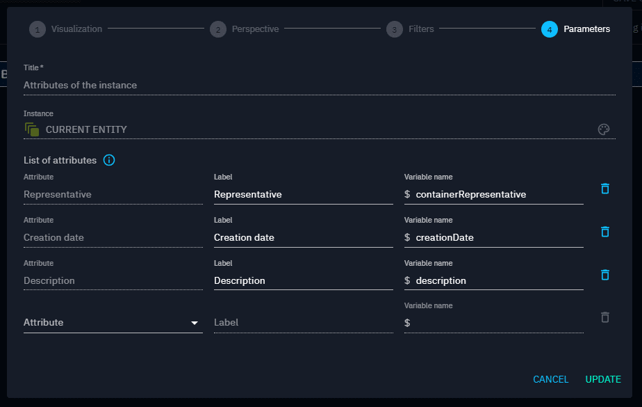 Configuration form of an attributes-widget of FINTEL template - Custom attributes
