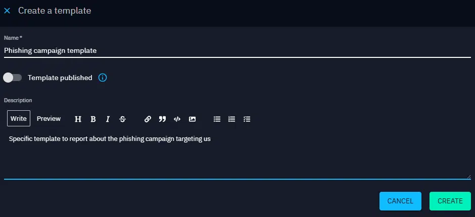 Form to create a new FINTEL template
