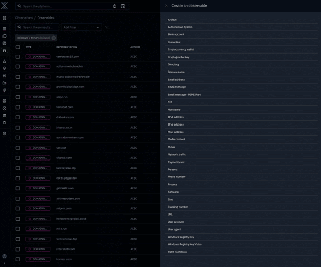 Figure 1: Observable Types tracked in OpenCTI