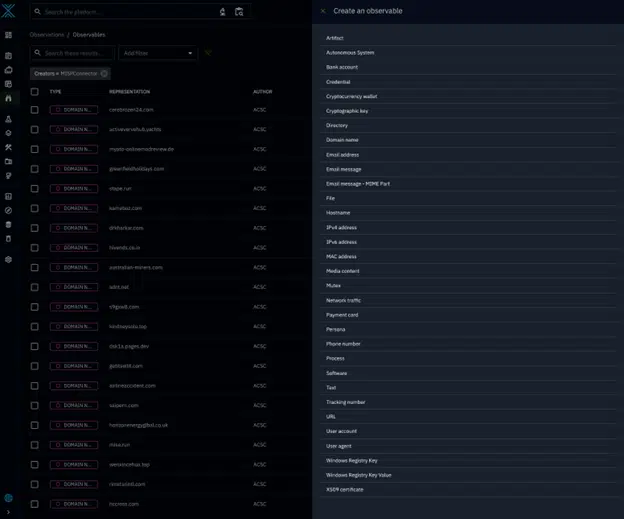 Figure 1: Observable Types tracked in OpenCTI