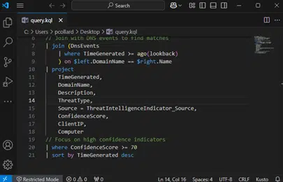 KQL Query Example using IOCs